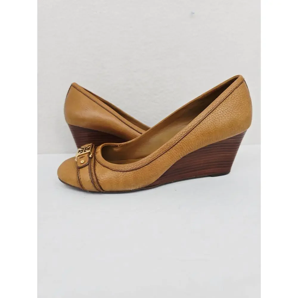 Tory Burch Reva Wedge Shoes Leather Tan 10